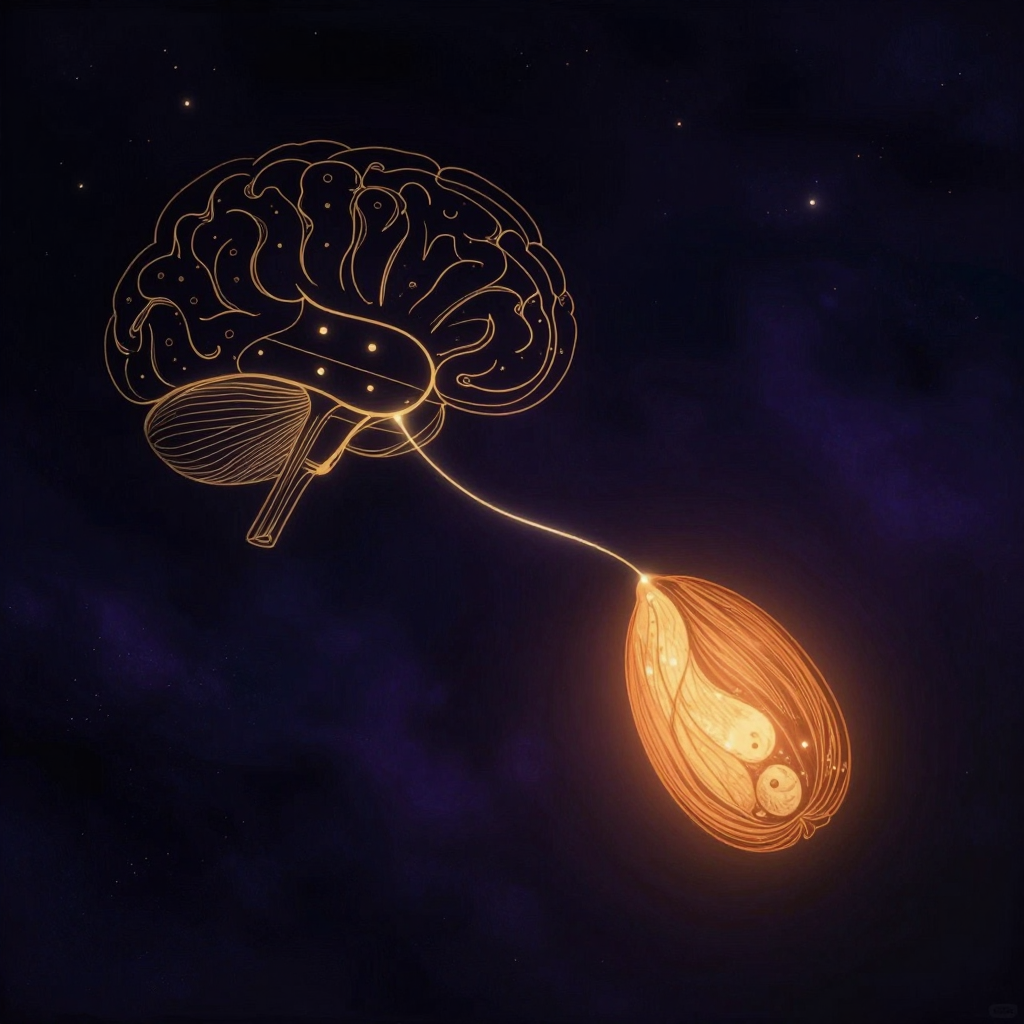 情绪科学：一个发光的杏仁状结构悬于画面右下，一个前额叶皮层轮廓位于左上方，两者之间由一条柔和的光线双向连接，光线两端微亮，余处归于