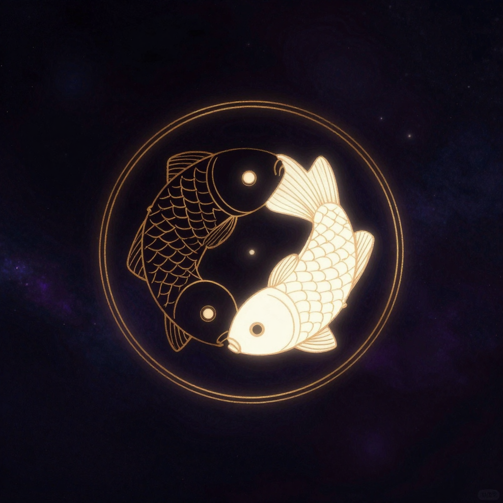 互补原理：一枚圆形徽章上，黑白双鱼呈S形互抱，黑鱼有白眼、白鱼有黑眼，鱼形头部大尾部细，整体对称圆融，置于空旷深色背景中，图形本身
