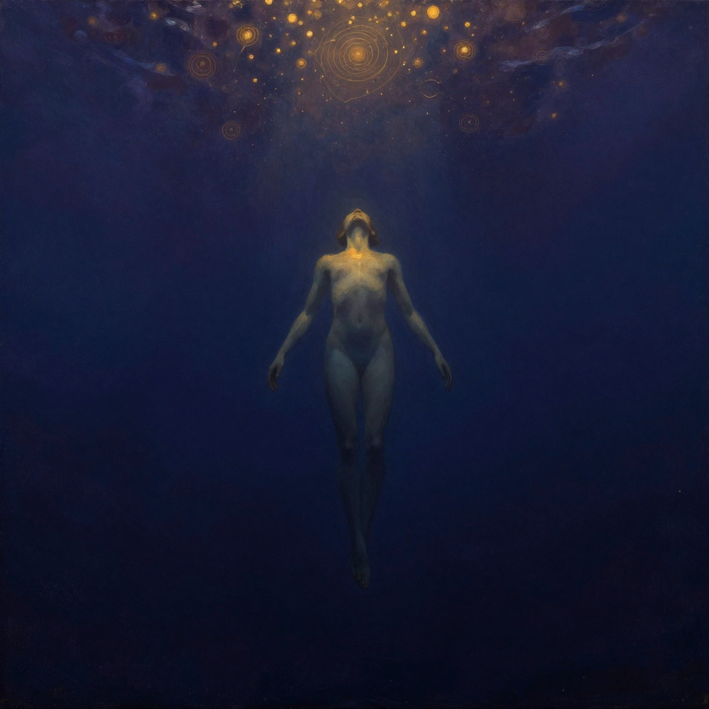 非快速眼动睡眠：一人在幽蓝深海中缓缓下沉，姿态放松如悬浮，双臂微展，双腿自然垂落，头顶远方有一片模糊微光透入但渐弱，四周海水空旷无物，人
