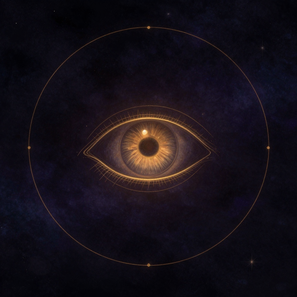 meta-awareness：一只眼睛的瞳孔中浮现出另一只微小的眼睛，后者也正向着前方凝视，形成层层嵌套的反射结构；四周大片空旷，主体居于画面中央偏下