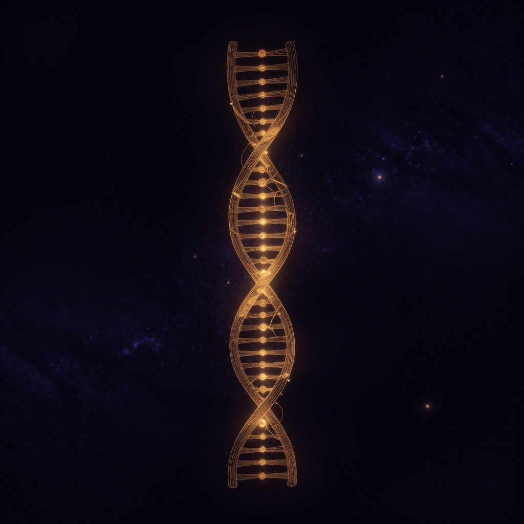 生物因素：一个右手螺旋的双螺旋结构立于空旷暗处，一条链上嵌入清晰的突触图案，突触小泡与受体可见，碱基对连接分明，主体孤立无背景干扰