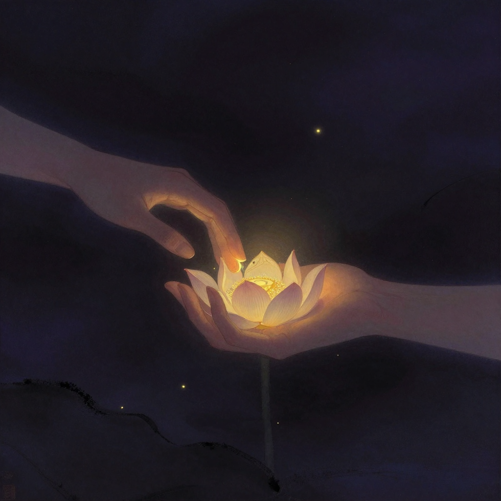 触尘：一只摊开的手掌，指尖轻触一朵莲花的瓣尖，指尖与花瓣之间有一处明确的接触点，手掌未握未抓，莲花垂首静立，大片留白环绕，那处
