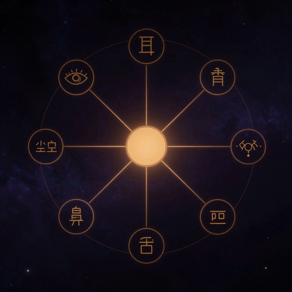 六尘：一幅对称辐射状图解：中心为六根（眼、耳、鼻、舌、身、意以简洁符号示意），向外延伸出六条细线，末端分别连接六个抽象圆形，代