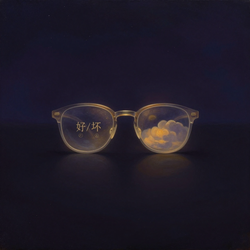 评判机制：一副半透明眼镜悬浮于大片空处，镜片一侧刻有清晰的『好/坏』二元标签线条而非实体文字，另一侧映出柔和飘忽的云朵轮廓，镜框轮