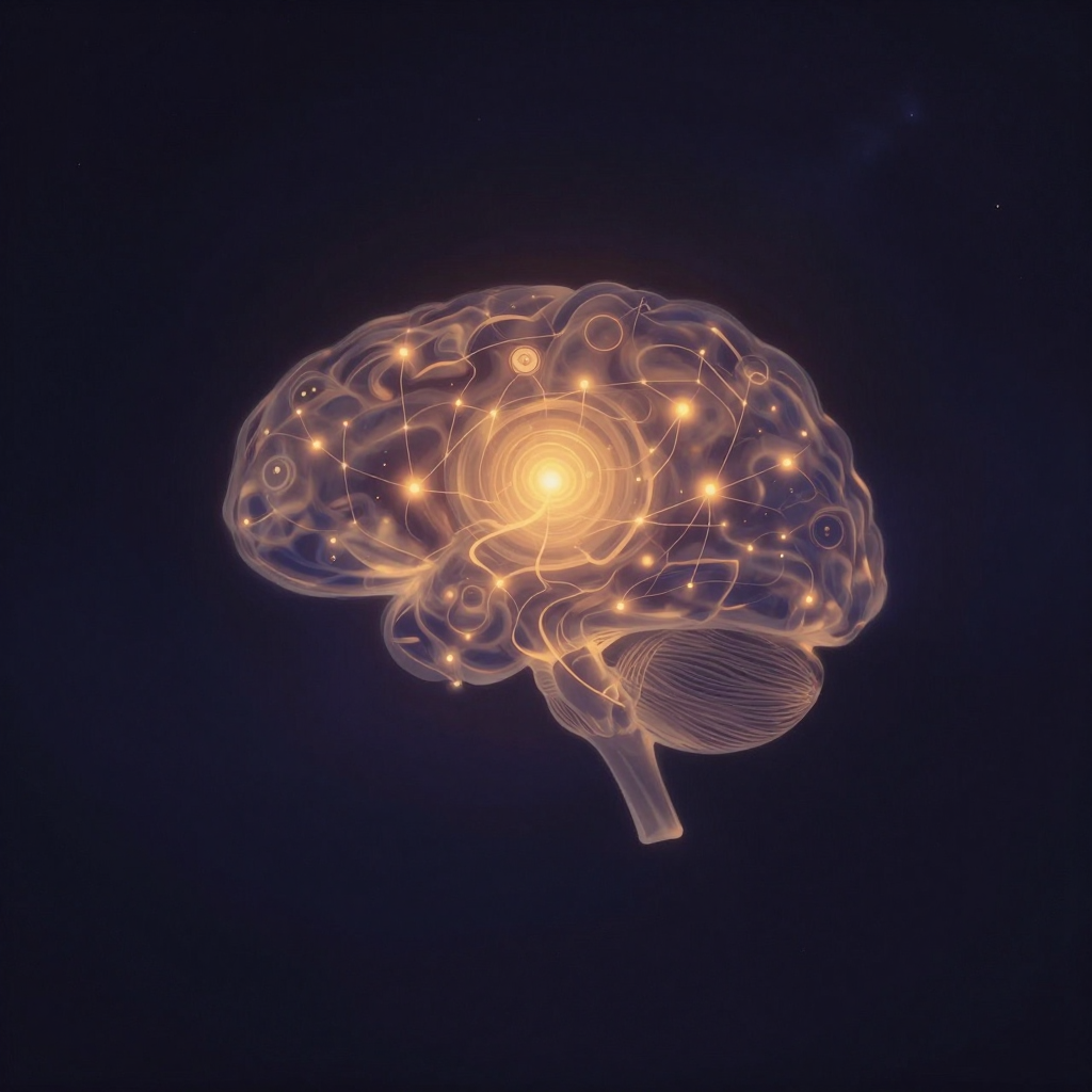 内在表征：一个半透明的大脑剪影置于空旷深色空间中，内部有模糊的发光网络与隐约的流动图像，图像边缘晕散、不可辨认，整体如内部加工中的