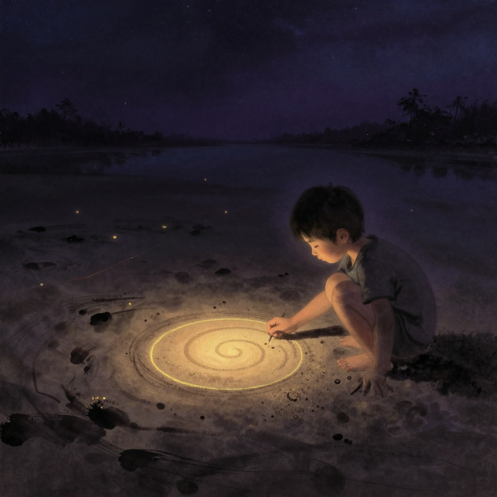游戏：一个幼童蹲坐于地面，用非惯用手（如左手）在沙盘上画出一个微微抖动的圆圈，圆圈边缘不完美，沙粒散落四周，画面留有大片空处，
