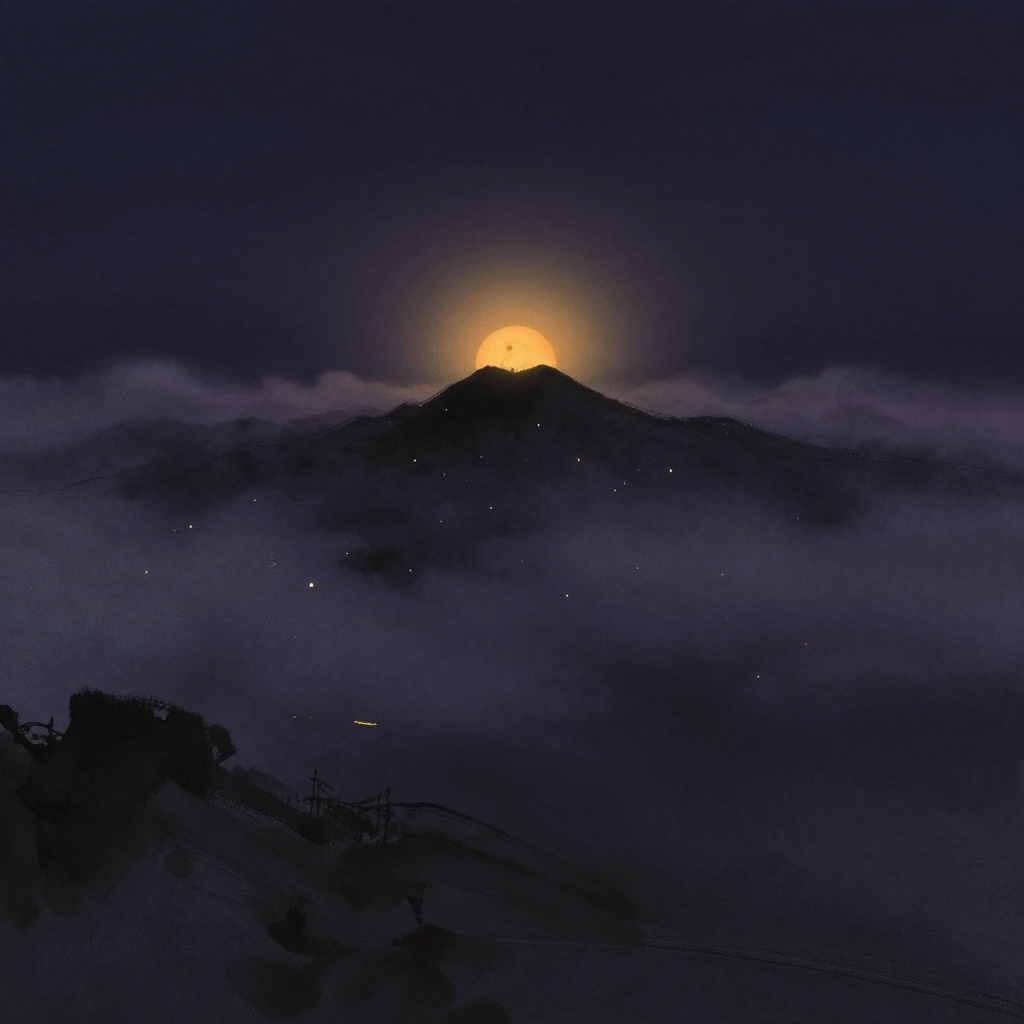 见地：一座山峰从浓密云层中渐渐浮现，峰顶轮廓清晰凛冽，下方云雾翻涌而未尽散，画面四周留出大片空旷，山与雾之间那道分界是画面唯一