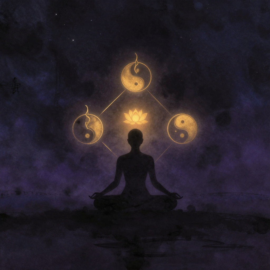 瑜伽疗法：一位盘腿静坐者（莲花坐）的轮廓，双手轻放膝上，周围环绕三个清晰可辨的象征元素：山式站姿的体式轮廓、从鼻孔进出呈柔和波浪的