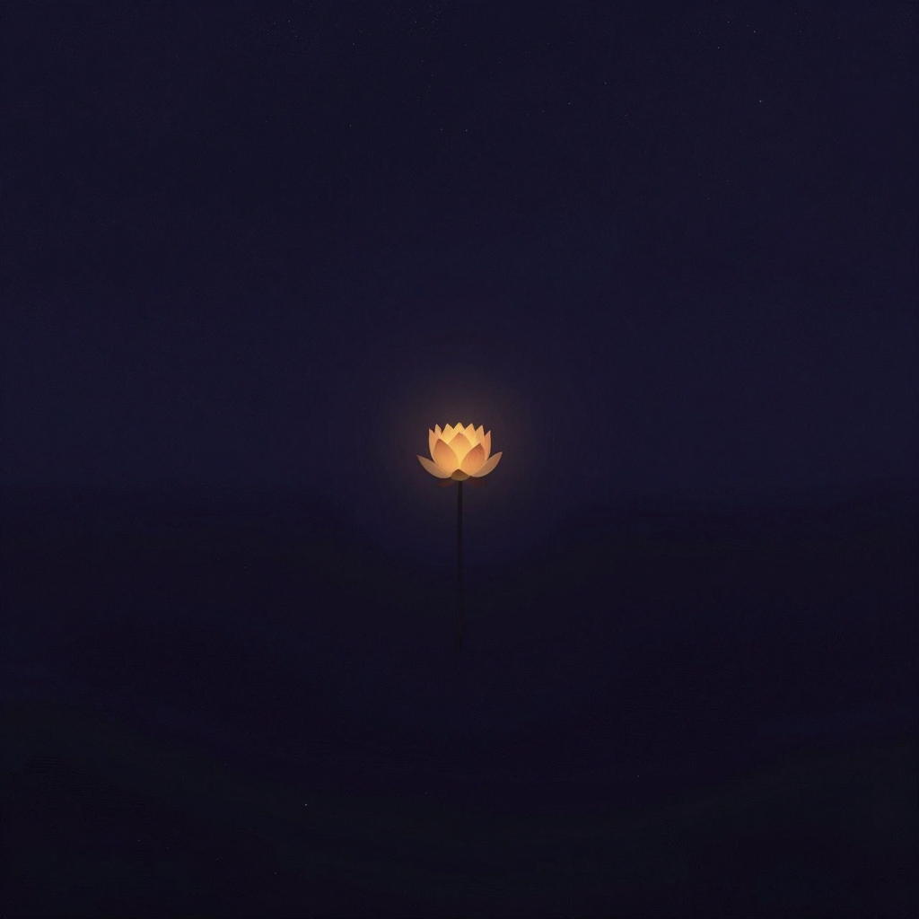 随喜：一朵含苞待放的莲花静立于虚空之中，花瓣紧合，瓣间透出一缕极细微光，四周大片空旷，无任何一物