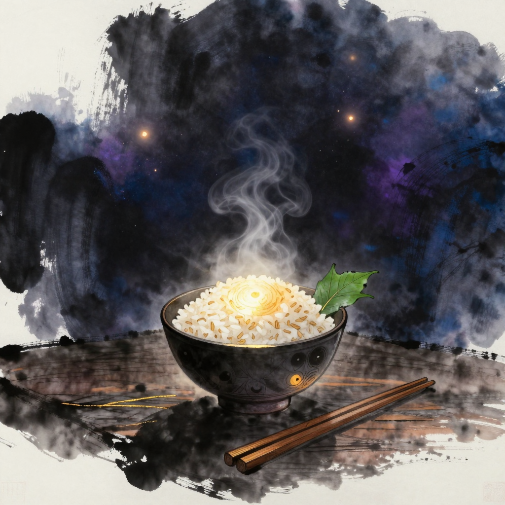 饮食疗法：一碗冒着热气的糙米饭置于旧木桌中央，旁横一双木筷，碗边点缀一片新鲜绿叶，背景大片留白，碗沿轻雾袅袅