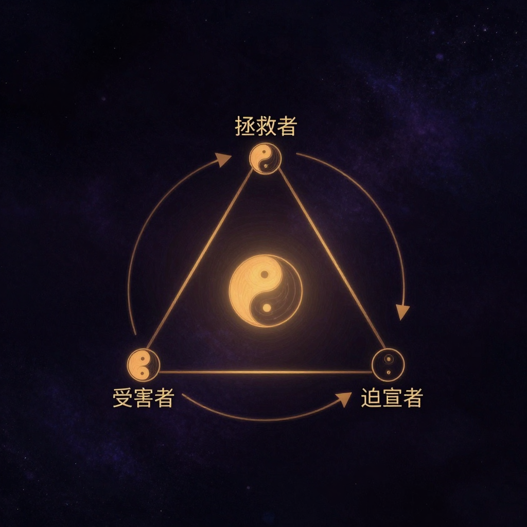 拯救者情结：一个清晰的等边三角形，上方顶点标注为拯救者，左下为受害者，右下为迫害者；三个顶点之间以首尾相连的循环箭头连接，箭头指向动