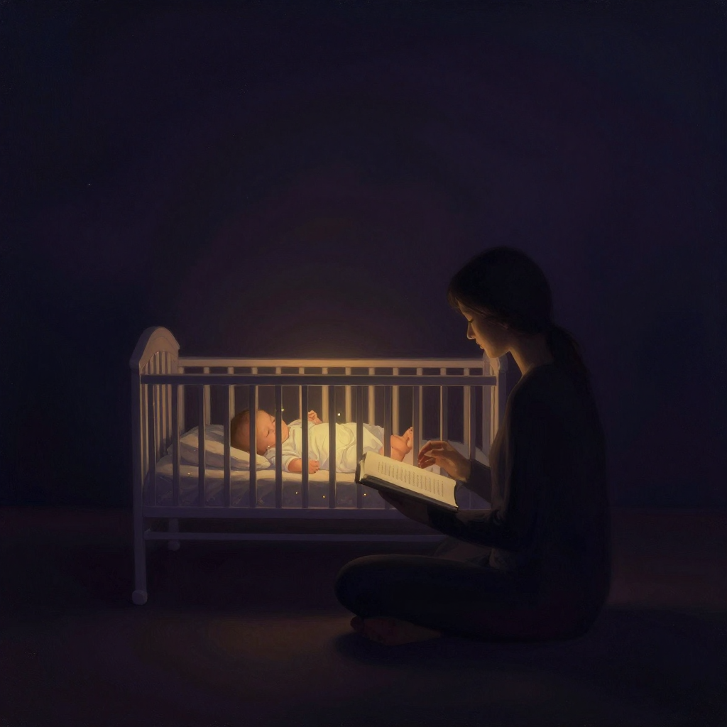 婴儿观察：一位成人静坐于婴儿床旁，膝上摊开笔记本，目光柔和地注视着床上安卧的婴儿；观察者与床保持一段距离，双手未伸向婴儿；四周大片