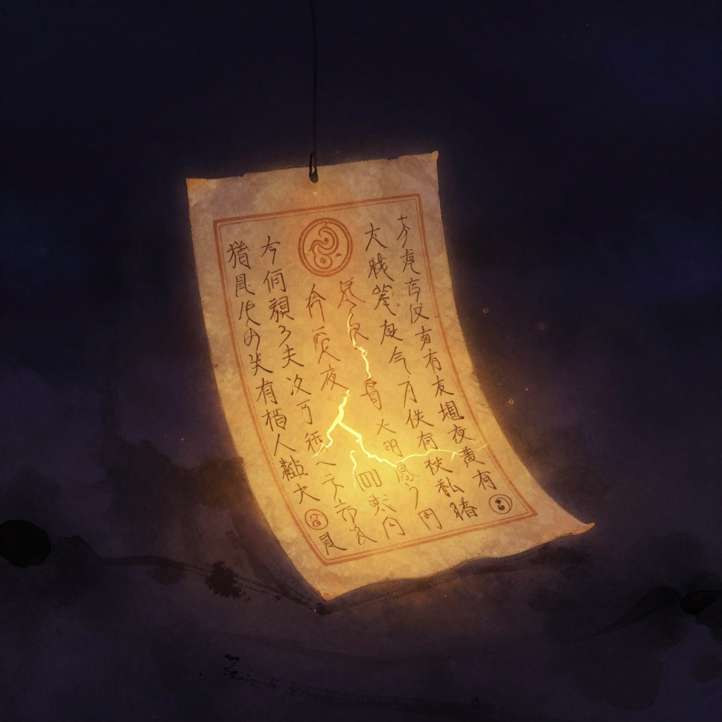 天师道：一张黄纸符箓悬于空阔的暗处，朱砂以云篆纹书写出清晰的敕令与雷纹，符形完整有力，四角微微卷翘，符纸边缘隐约透出一缕极细微的