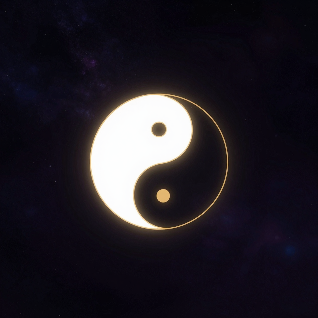 关系心理学：空旷深色空间中，两个半圆一白一黑、对称相对，中间以S形分界线隔开，留出间隙；余处大片留白，无多余物象