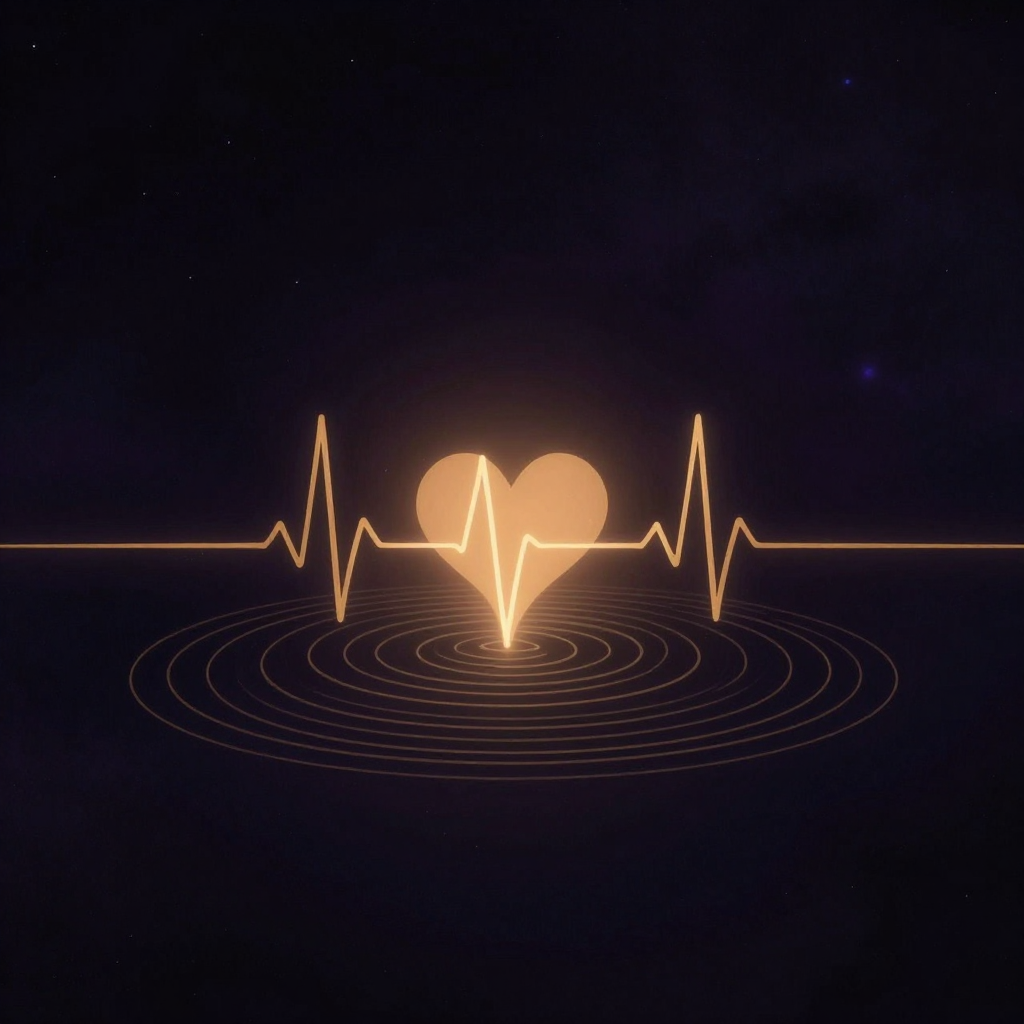 脉动：一个简洁的心跳波形图呈现典型的P-QRS-T波群，下方同心圆波纹从中心向外均匀扩散，两者在深色底上叠加，波形与波纹的线条