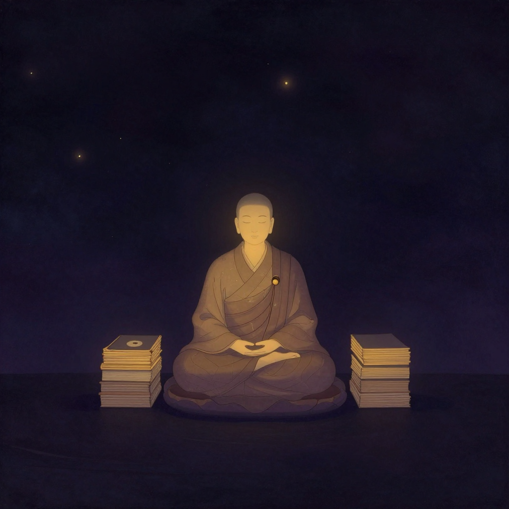 宗密：一位唐代僧人端坐于蒲团上，双手于腹前结禅定印，身侧左右各叠放一摞经卷（分别暗示华严与禅宗典籍），面容安详，目光内敛，四周