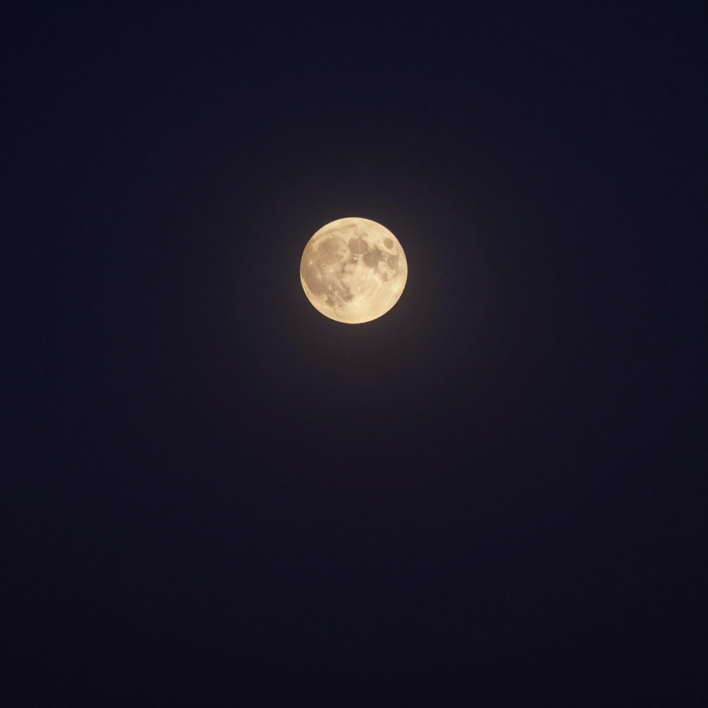 涅槃寂静：一轮圆满无缺的明月悬于深色虚空中，无云无星，月光柔和澄澈，四周空旷无一物，月是画面唯一的光源