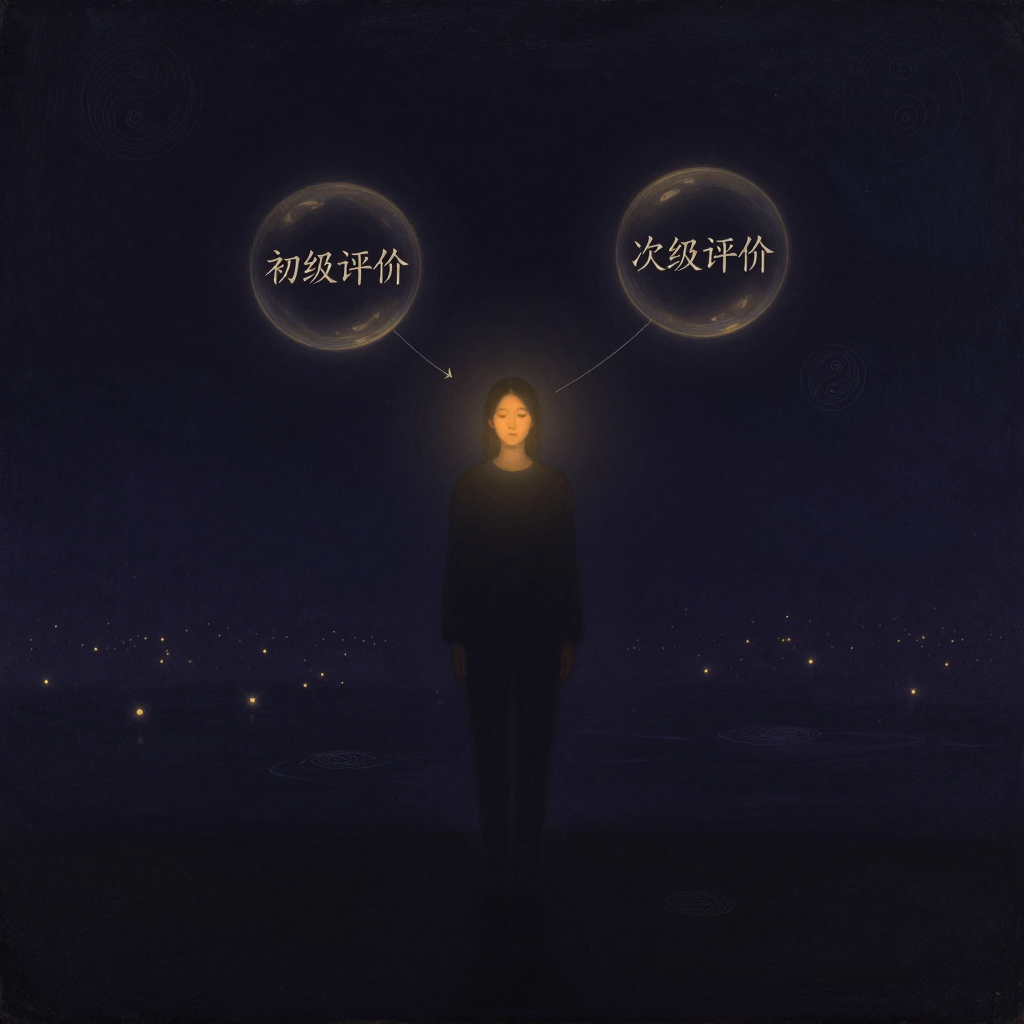 理查德·拉扎勒斯：一个人安静立于空旷处，其头部左上方浮出一个浅气泡，内写“初级评价”；右上方浮出另一个气泡，内写“次级评价”；两气泡之间由