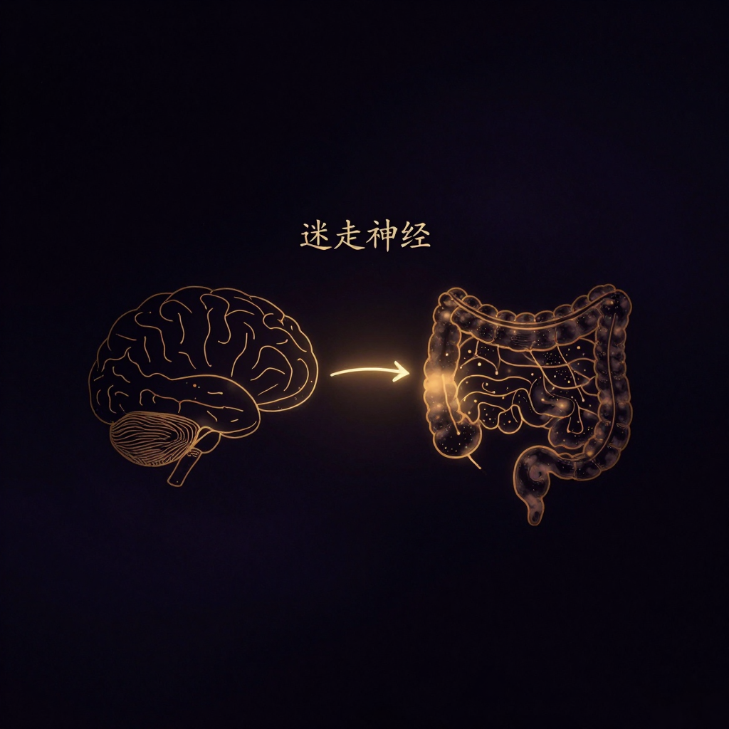 神经胃肠病学：左侧简笔大脑轮廓与右侧弯管状肠道轮廓相对，两者之间由一根粗壮的弧形双向箭头连接，箭头旁注有‘迷走神经’字样，肠道壁点缀细