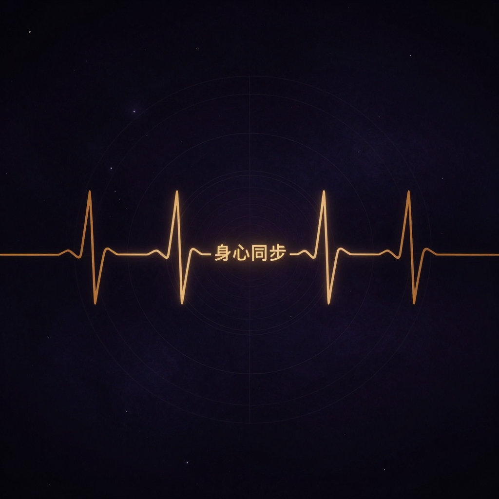 身心节奏：两条交错的波浪线（代表呼吸与心率）于空旷深色底中起伏，波峰波谷交错但保持同步，中心一道细线标记“身心同步”，背景隐约浮出
