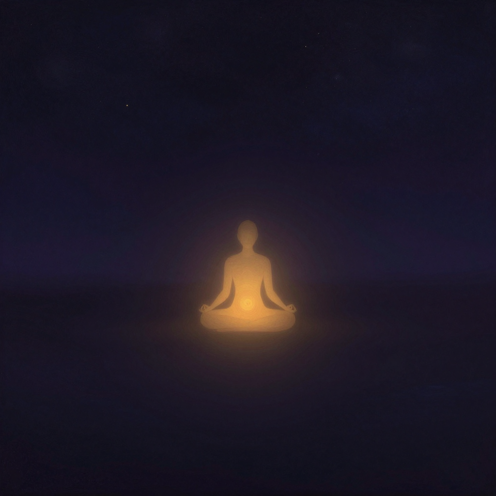 身心一致：一尊脊柱挺直的坐姿人形剪影置于画面中央，双手自然结印于膝上。其身体轮廓与内在散发出的柔和光晕完全重合、无偏移。四周大片空