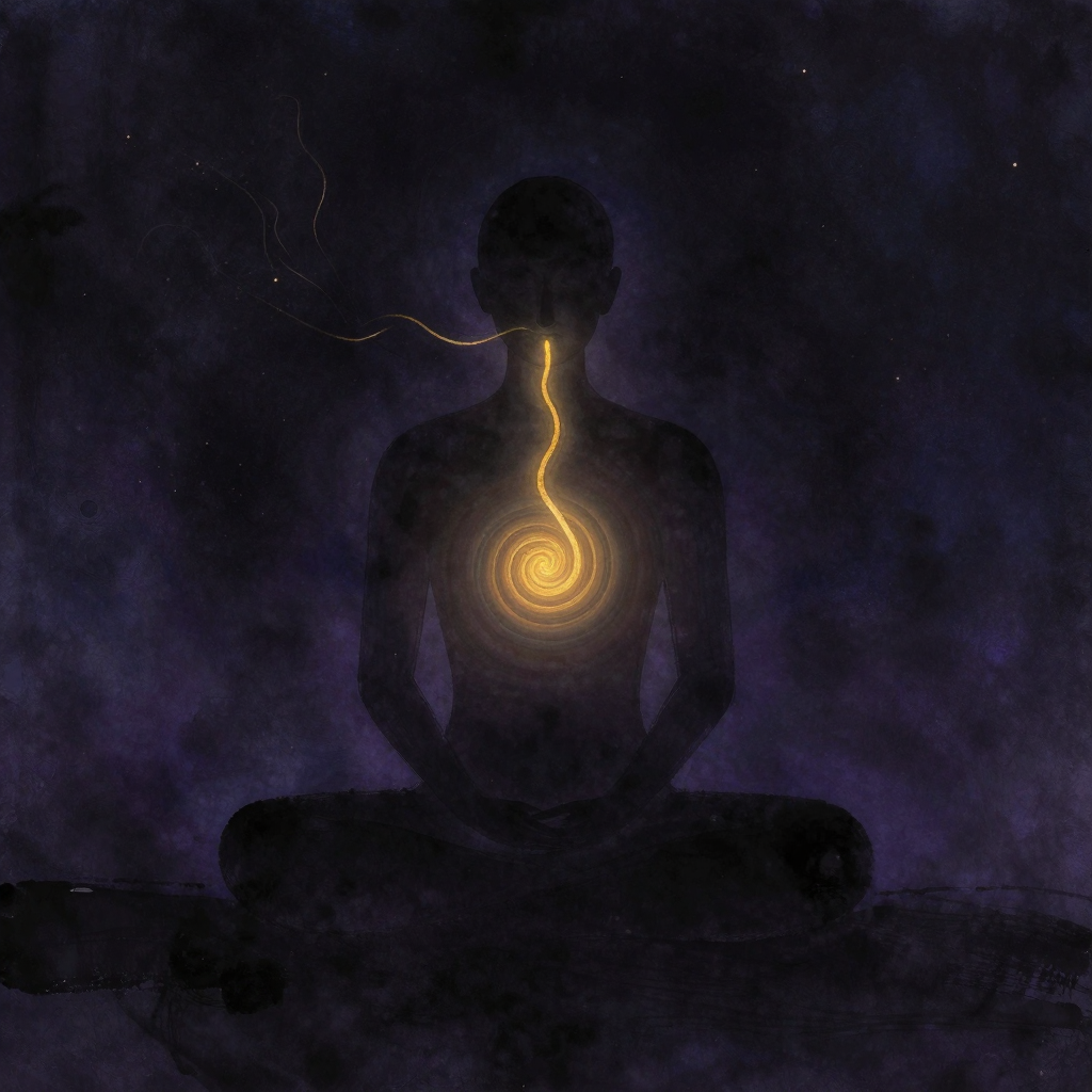 瑜伽调息法：一个盘坐的人体轮廓，脊柱挺直，胸腔内一道柔和螺旋光流从鼻部吸入、下行至胸腔再扩散至全身，口鼻处有细微呼吸波纹线（吸气、屏