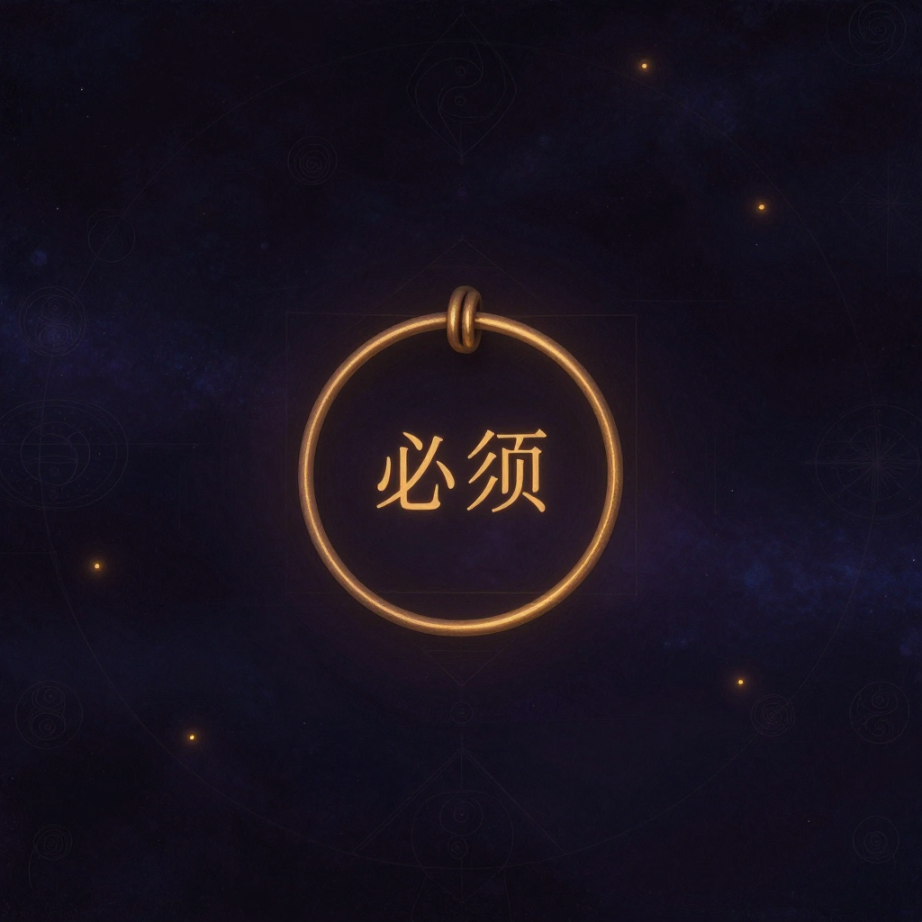 绝对化要求：一只边缘锐利、完全闭合的铁环悬于空旷中，环面刻着清晰的“必须”二字，四周再无他物，仅环的冷硬轮廓独自占据画面