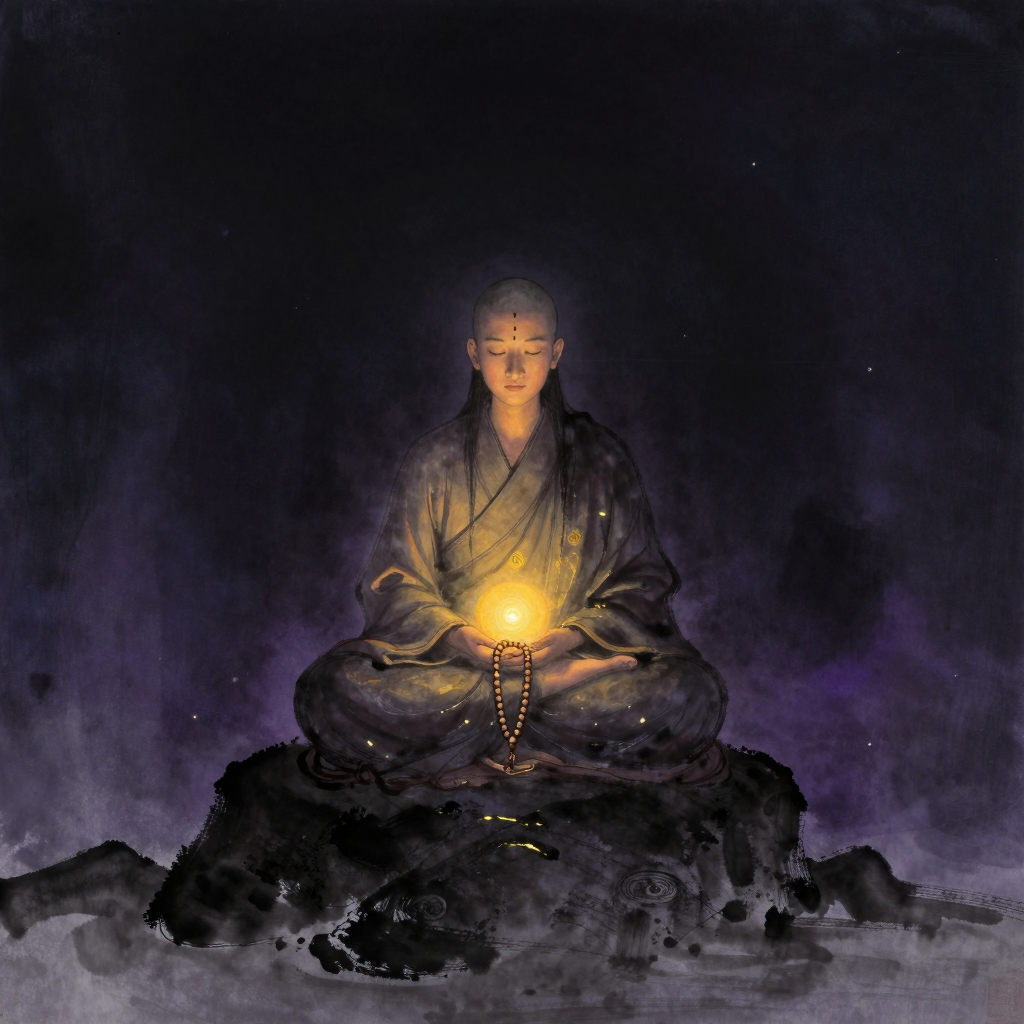 瑜伽士：一名长发苦行僧以莲花坐静坐于雪岩之上，缠腰布裹身，额前微有檀迹，手持rudraksha念珠垂于膝前，念珠是画面唯一的微光