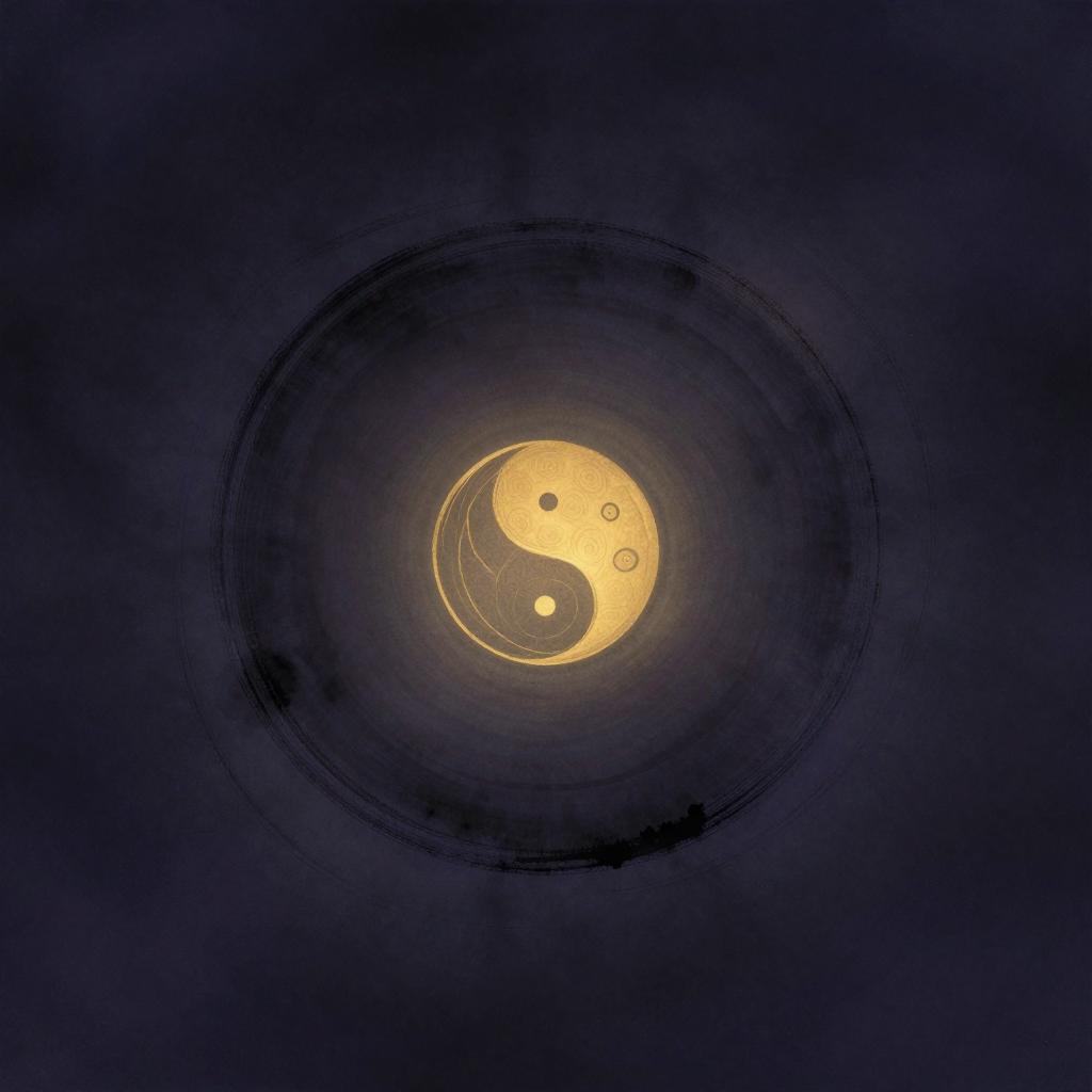 绝对本体：一个空灵的墨色一笔圆，笔触有浓淡干湿变化且不闭合，留白处充满呼吸感，圆置于空旷深色底中央，四周大片留白，无任何多余元素