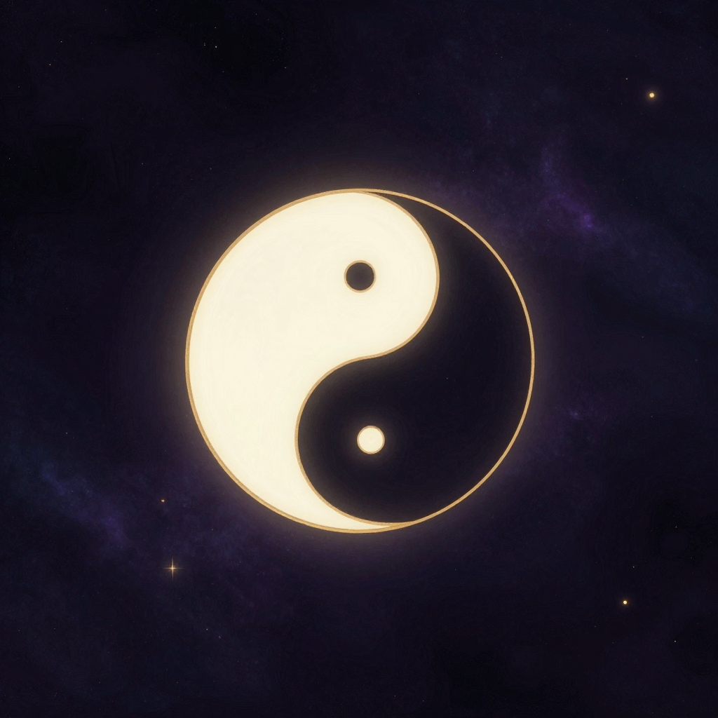 正偏回互：一个清爽的圆环线中，流畅S形曲线将圆分为黑白两半，黑白交界处各有微小互渗点——白中有小黑点、黑中有小白点，整体悬浮于大片