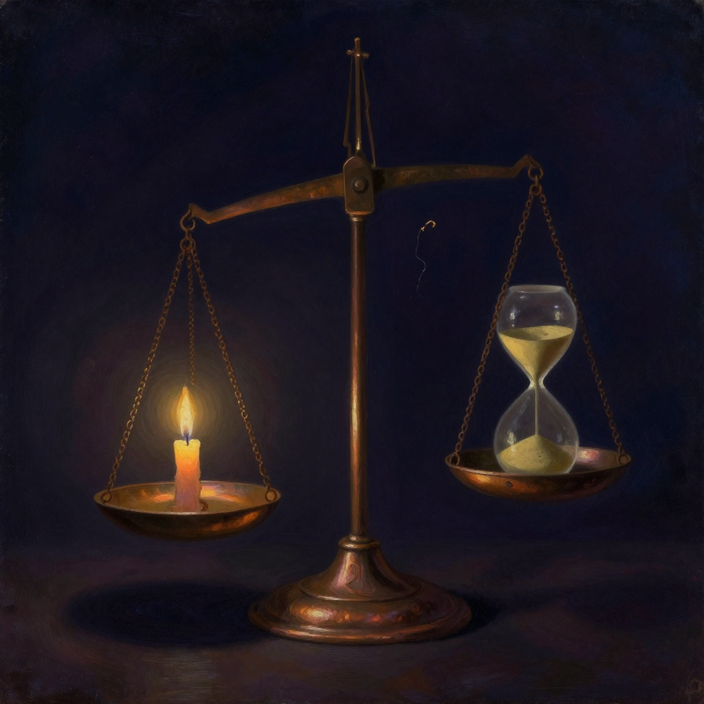 代谢紊乱：一架旧铜天平明显倾斜，一端托盘上立着一支细烛，烛火微弱暗沉；另一端托盘上放着一只沙漏，沙堆在瓶颈处堆积凝滞；连接两端的链