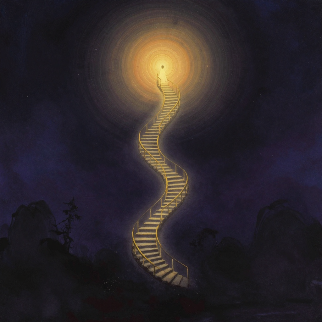上升路径：一座螺旋上升的光梯从大地丹田处盘旋而起，梯阶交织着明暗相间的纹理，顶端融入一片空灵的光晕，四周大片留白