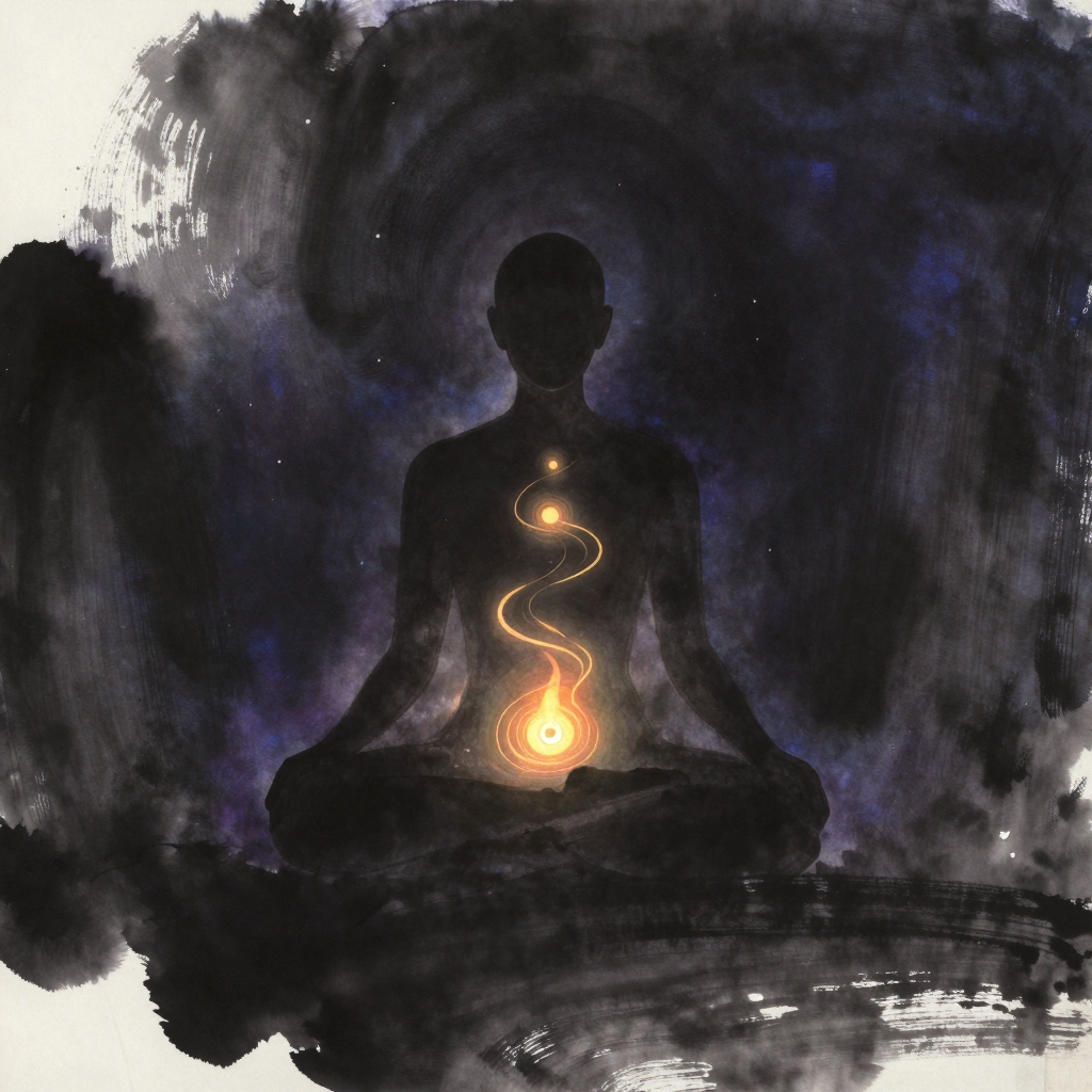 内丹修炼：一个盘坐的人体轮廓静坐于空旷之中，下丹田处有微小火焰旋转如炉，中丹田与上丹田各有一光点，三者以一道柔和螺旋光路相连，四周