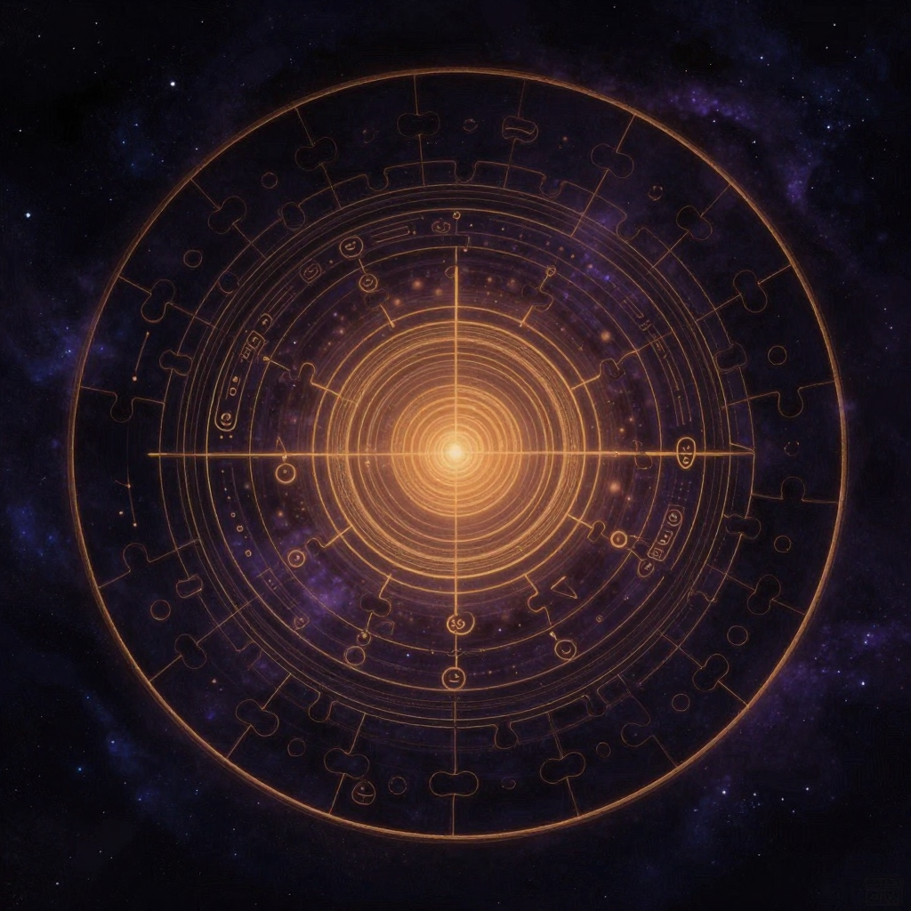 子系统：一组不同形状的拼图模块拼合成一个完整的圆盘，每块上刻有微小符号（笑脸、泪滴、时钟、盾牌），模块间留有细密缝隙，圆盘中心留