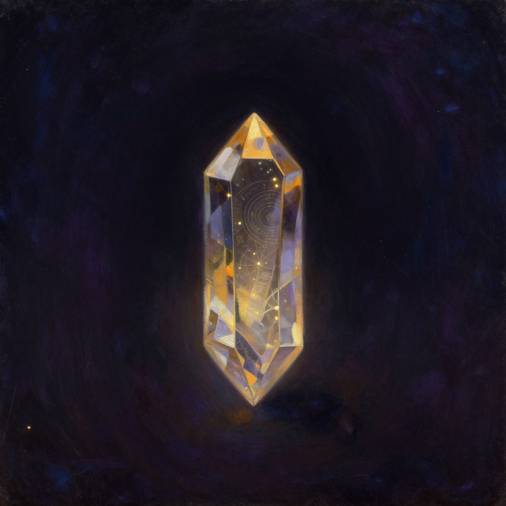 意识结晶：一枚透明多面体水晶悬浮于空旷暗处，棱角分明，内部隐约有光点与微光流动，折射出细微线条