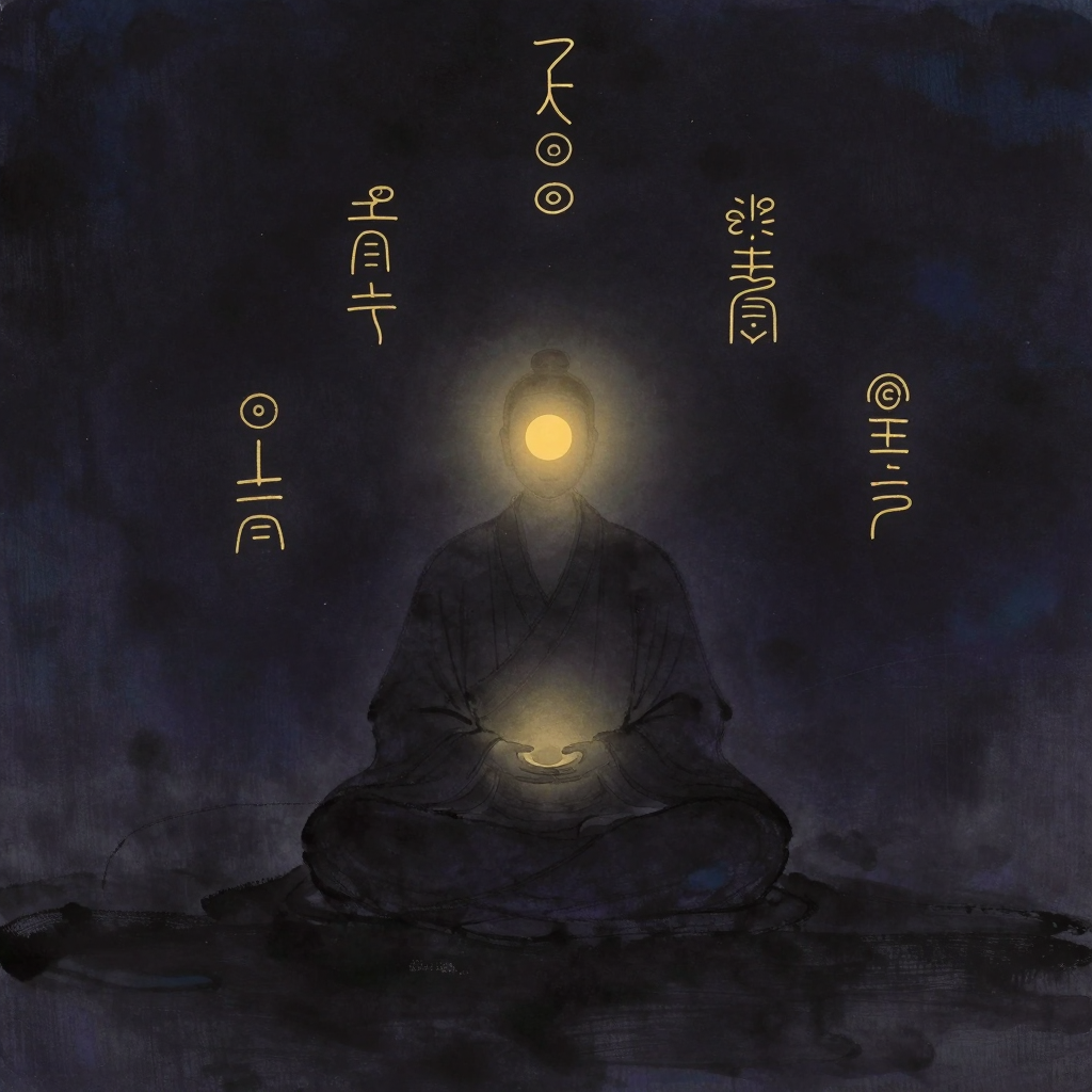 上清派：一位道士盘腿端坐于空旷暗室中，双手结定印于腹前，眉心前方悬浮着一枚柔和微光圆点；道士周围数道云篆符箓纹样如轻烟般环绕散布