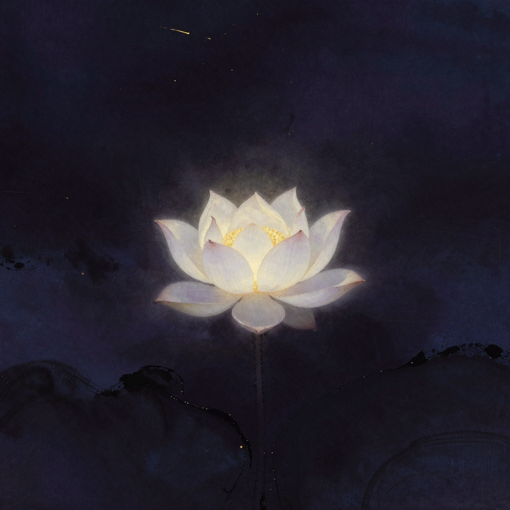 南宗：一朵白色莲花悬浮于大片空旷中，花瓣将开未开，花心深处透出极细微的暖意，余处尽是空净