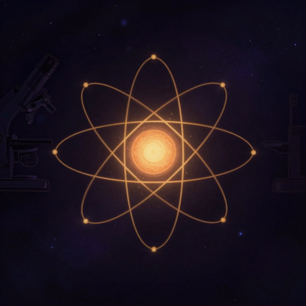 自然科学：一个经典的卢瑟福原子模型置于画面中央：带正电的原子核居于正中，周围环绕数个圆形或椭圆形轨道，每个轨道上点缀着微小的点状电