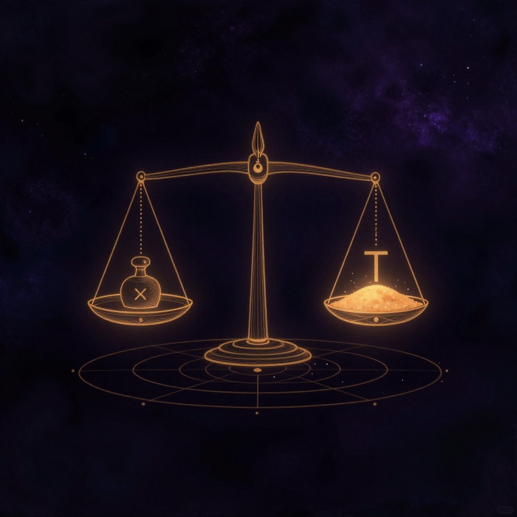 经典测量理论：一座天平静置于空处，左侧托盘中放一枚刻有‘X’的砝码，右侧托盘中放一枚刻有‘T’的砝码与数粒极细沙粒，沙粒零散分布于盘边