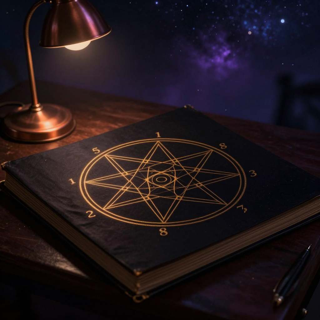 人格类型：一张旧书桌上摊开一幅九角星图，圆形内接九边形，九条连线构成星形，每个顶点依序对应数字1至9，图形等角对称，书桌一角立一盏