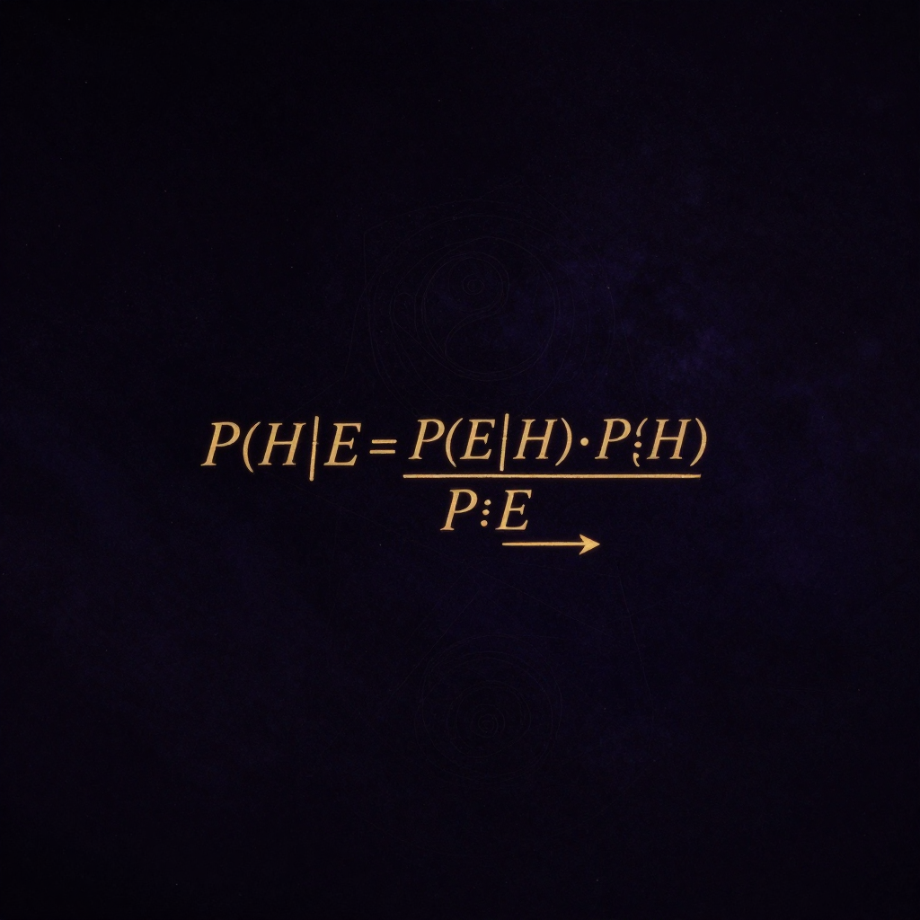 贝叶斯：中央书写贝叶斯公式P(H|E)=P(E|H)·P(H)/P(E)，分母P(E)清晰，公式下方一道弧形箭头从左至右标示从先