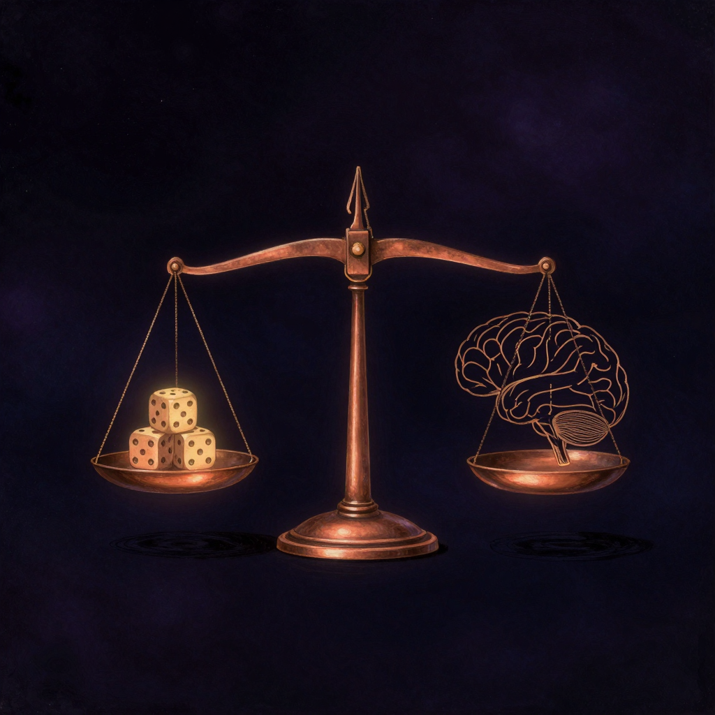概率推断：一座老铜天平静立于空旷中，一端托盘上放着一枚清晰的骰子，另一端是抽象而简洁的大脑轮廓，天平横梁保持完美水平平衡，四周大片