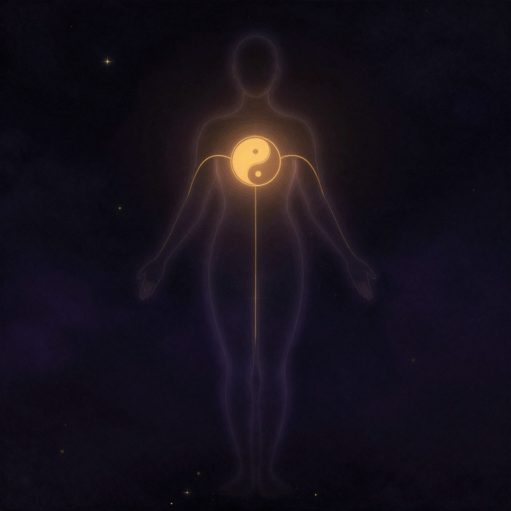 费舍尔：一具半透明的人形轮廓立于空旷中，一道对称的正态分布曲线从中穿过，曲线最高点与人形心脏位置重合，曲线两侧沿人形臂膀缓缓散开