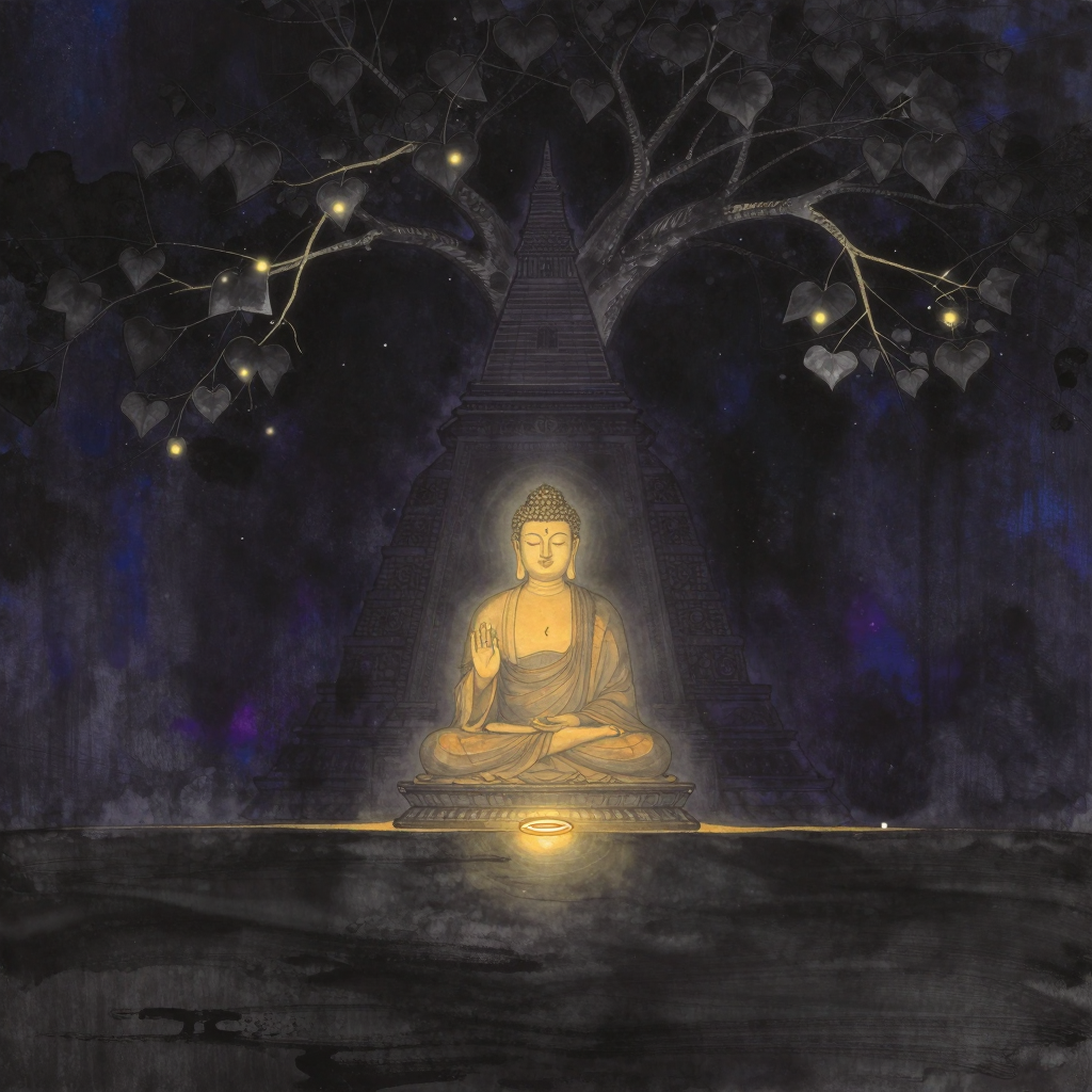 菩提伽耶：佛陀以触地印坐于长方形金刚座上，背景是摩诃菩提寺的金字塔形尖塔，毕钵罗树的心形尖叶垂覆于上方，大片空处围绕，一缕微光自金