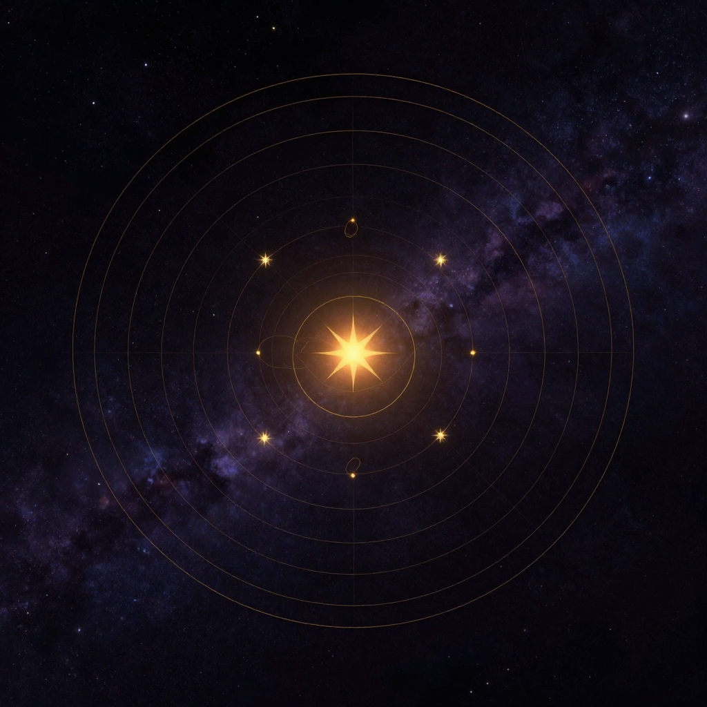 北极星：一颗中等亮度的恒星居于画面中心，周围七颗星呈勺状排列，勺口延长线指向中心星，数道同心圆弧线环绕中央恒星星示其静止，余处大