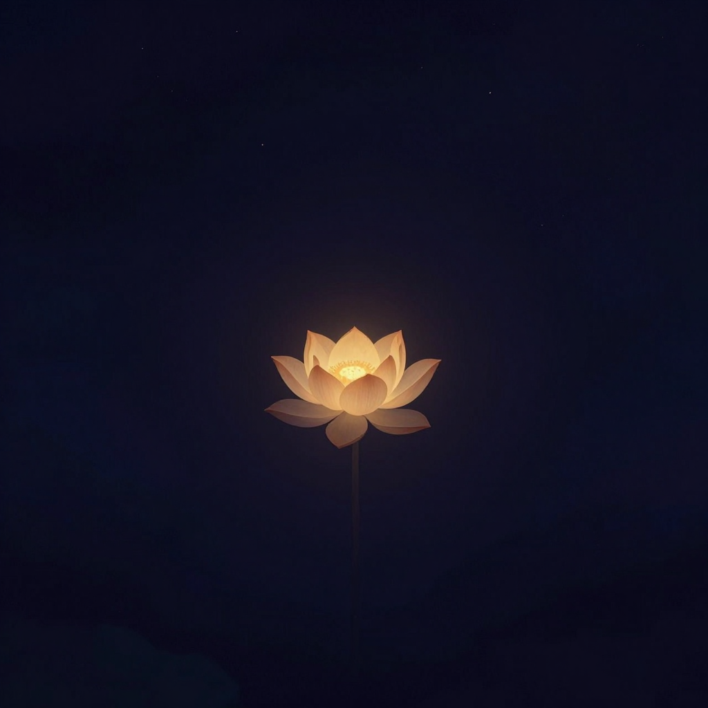 无上正等正觉：一朵盛开的莲花悬浮于大片空旷之中，花瓣层叠饱满，中心花蕊静默如圆心，莲茎没入下方空无，整朵莲花是画面唯一的微光来源