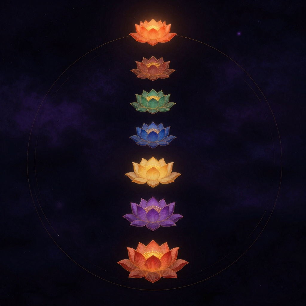 七脉轮：七朵莲花沿中轴线从下至上依次排列，花瓣数由少至多，颜色顺序为红橙黄绿蓝靛紫，最下一朵朝下、最上一朵朝上、其余水平，置于大