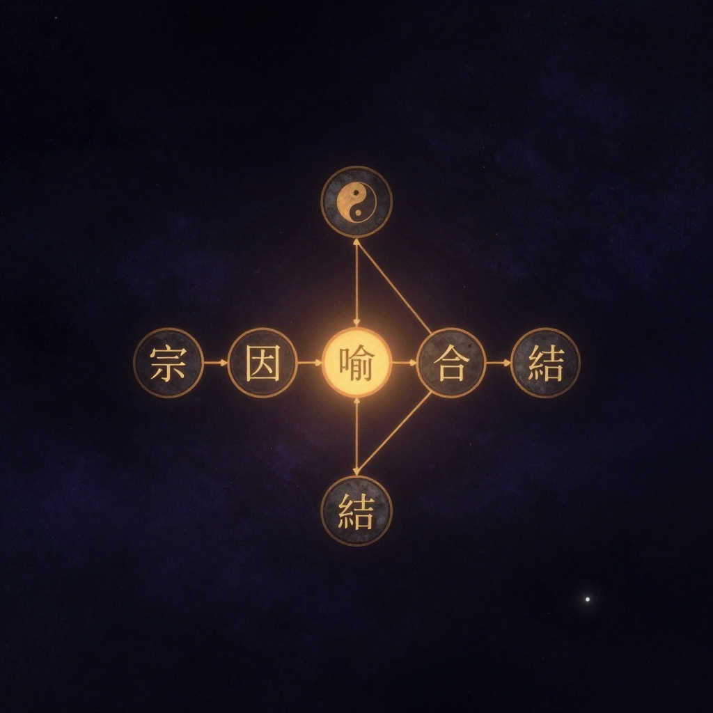 正理派：一条由五个古朴石质节点构成的链条悬浮于空旷之中，节点依次标记为宗、因、喻、合、结，喻节点分叉出同喻与异喻两条路径，链条末