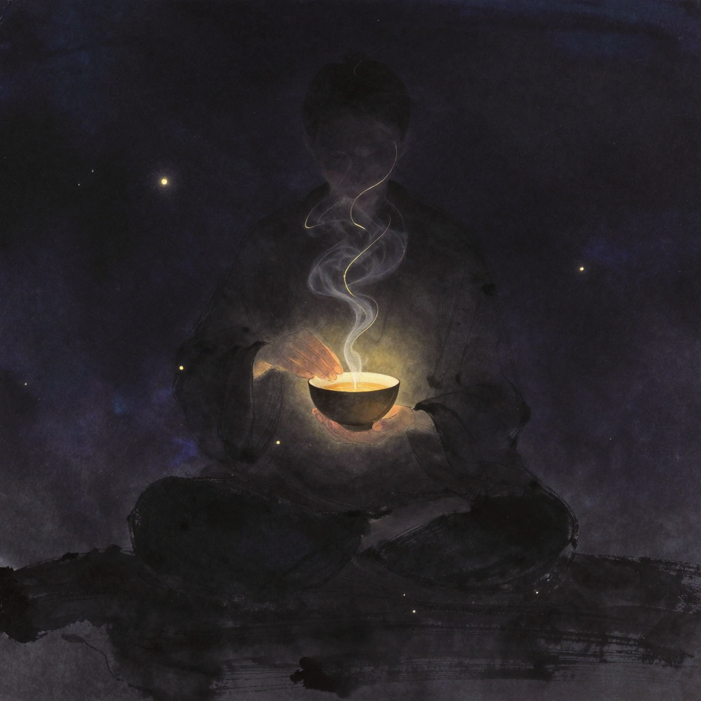 存在模式：一人静坐于榻上，双手轻捧一只粗陶茶碗，碗口微倾，目光柔和地落在茶汤上而不聚焦于某处，一缕茶气自碗中袅袅升起，曲折向上渐隐
