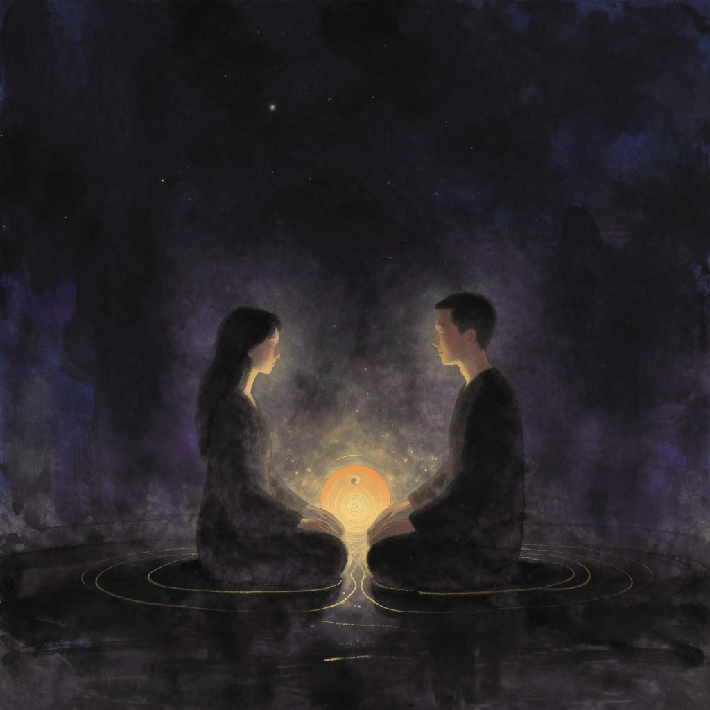 同步呼吸：两人面对面闭目盘坐于空旷之中，胸部同时起伏如一体，二人之间自呼吸交汇处透出一缕极细微的光晕波纹，四周余处以空寂托住这片共